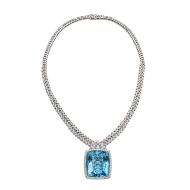 View full screen - View 1 of Lot 1738. Aquamarine and Diamond Pendent Necklace | 88.48克拉 海藍寶 配 鑽石 項鏈.