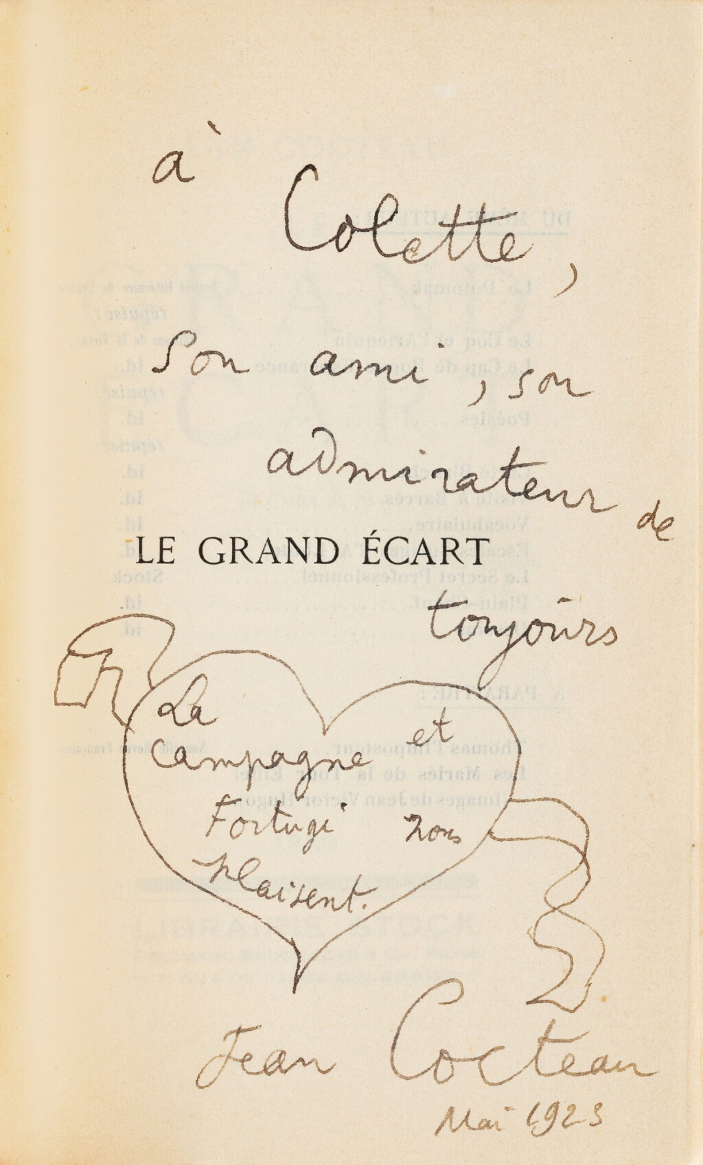 View full screen - View 1 of Lot 86. Le Grand écart. Paris, 1923. In-12. Rel. de P.L. Martin. Envoi autographe signé de Cocteau à Colette..