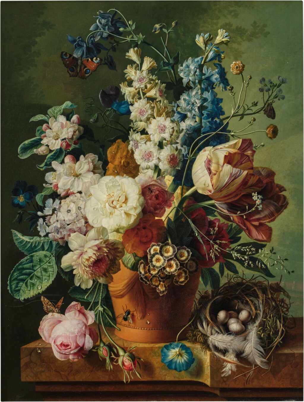 View full screen - View 1 of Lot 72. Still Life with Flowers in a Terracotta Vase, Insects, and a Bird's Nest on a Marble Ledge.