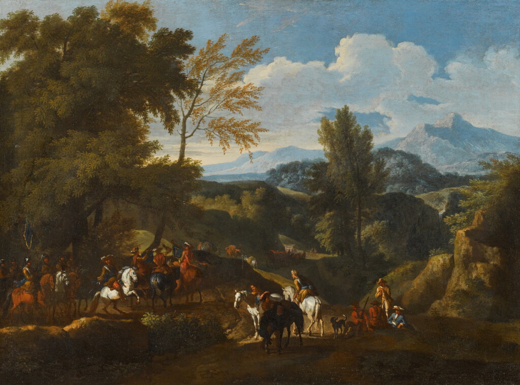 View full screen - View 1 of Lot 62. An extensive Italian landscape with soldiers on horseback.