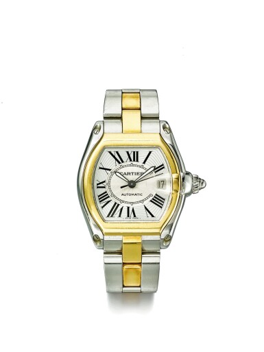 View full screen - View 1 of Lot 88. CARTIER | ROADSTER REF 2510 A STAINLESS STEEL AND YELLOW GOLD TONNEAU FORM AUTOMATIC CENTER SECONDS WRISTWATCH WITH DATE AND BRACELET CIRCA 2005.