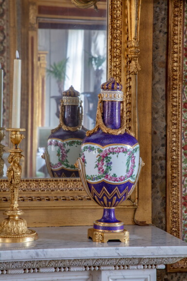 View full screen - View 1 of Lot 43. A Sèvres porcelain bleu fallot-ground Bottle Vase and Cover, 1766 | Vase couvert"bouteille" en porcelaine tendre de Sèvres d'époque Louis XV, 1766.