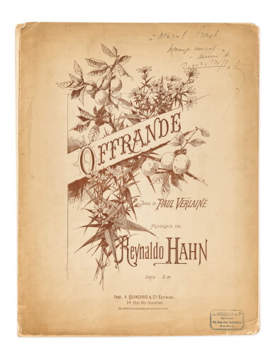 View full screen - View 1 of Lot 126. Offrande. 1891. Partition avec un bel envoi à Marcel Proust..