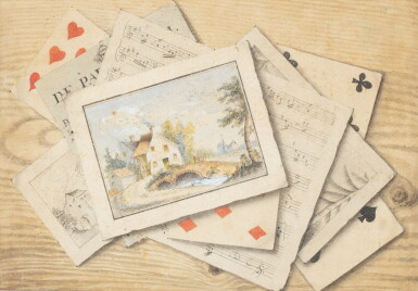 View full screen - View 1 of Lot 129. FRENCH SCHOOL, LATE 18TH CENTURY | TROMPE-L'OEIL WITH PLAYING CARDS, MUSIC SCORES AND LANDSCAPES | ECOLE FRANÇAISE DE LA FIN DU XVIIIE SIÈCLE | TROMPE-L’ŒIL AUX CARTES, PARTITIONS ET PAYSAGES.