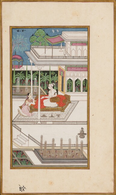 View full screen - View 1 of Lot 831. A Nobleman Conversing with His Lady Companion on a Terrace, India, Provincial Mughal, Late 18th / 19th century .