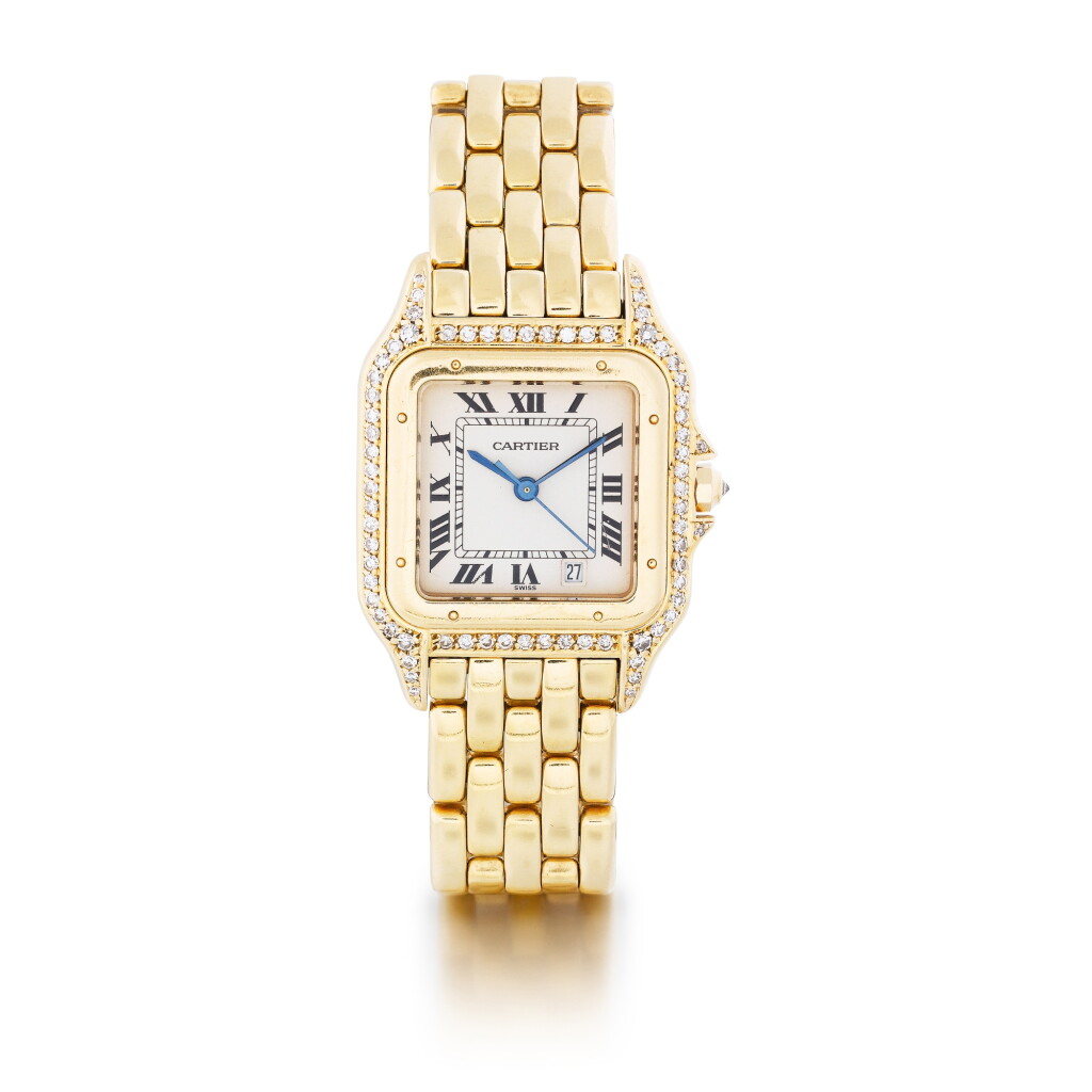 View full screen - View 1 of Lot 139. Panthère, reference 88395 Montre bracelet en or jaune et sertie de diamants avec date | Yellow gold and diamond-set wristwatch with date and bracelet Vers 1990 | Circa 1990.