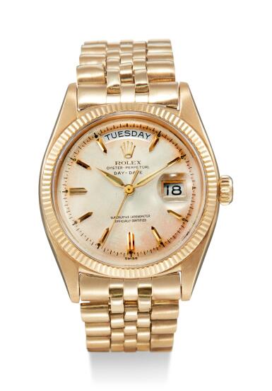 View full screen - View 1 of Lot 8099. ROLEX | DAY-DATE, REFERENCE 6611, A YELLOW GOLD WRISTWATCH WITH DAY, DATE AND BRACELET, CIRCA 1950.