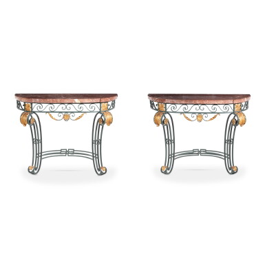 View full screen - View 1 of Lot 137. A pair of Louis XV style painted and gilt-iron console tables, mid 20th century, attributed to maison Jansen | Paire de consoles en fer peint et doré de style Louis XV, milieu XXe siècle, attribuée à la maison Jansen .