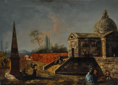 View full screen - View 1 of Lot 217. A capriccio view of a church and an obelisk, with figures promenading.