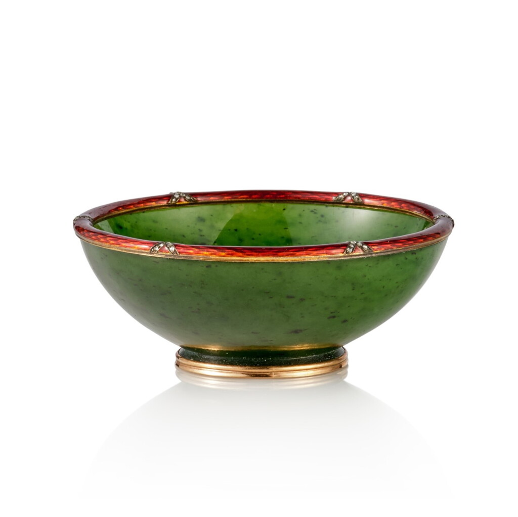 View full screen - View 1 of Lot 1279. A Fabergé jewelled gold, guilloché enamel and nephrite bowl, Michael Perkhin, St Petersburg, circa 1890.