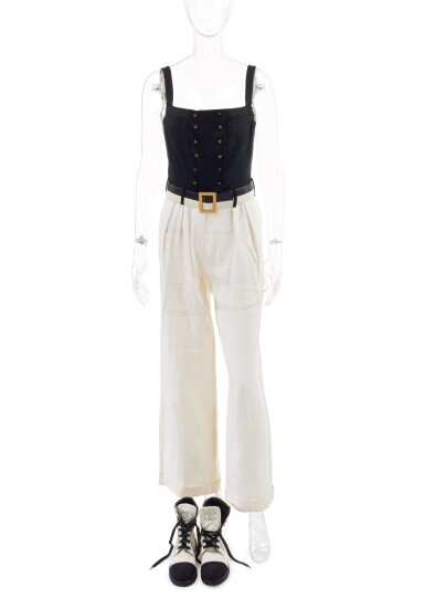 View full screen - View 1 of Lot 168. CHANEL | LINEN JUMPSUIT WITH MATCHING BELT AND PAIR OF BOOTS .