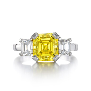 View full screen - View 1 of Lot 116. Fancy Vivid Yellow diamond and diamond ring .