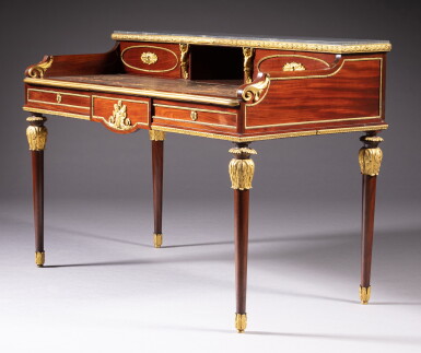 View full screen - View 1 of Lot 342. A late Louis XVI gilt-bronze mounted mahogany bureau à gradin | Bureau à gradin en acajou et placage d’acajou, monture de bronze doré, fin de l’époque Louis XVI.