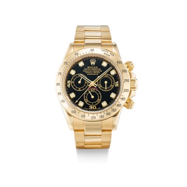 View full screen - View 1 of Lot 353. ROLEX | COSMOGRAPH DAYTONA, REFERENCE 116528H, A YELLOW GOLD AND DIAMOND-SET CHRONOGRAPH WRISTWATCH WITH BRACELET, CIRCA 2008.