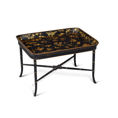 View full screen - View 1 of Lot 464. A Regency Papier-Mâché Tray, Circa 1810, on a Later Stand.
