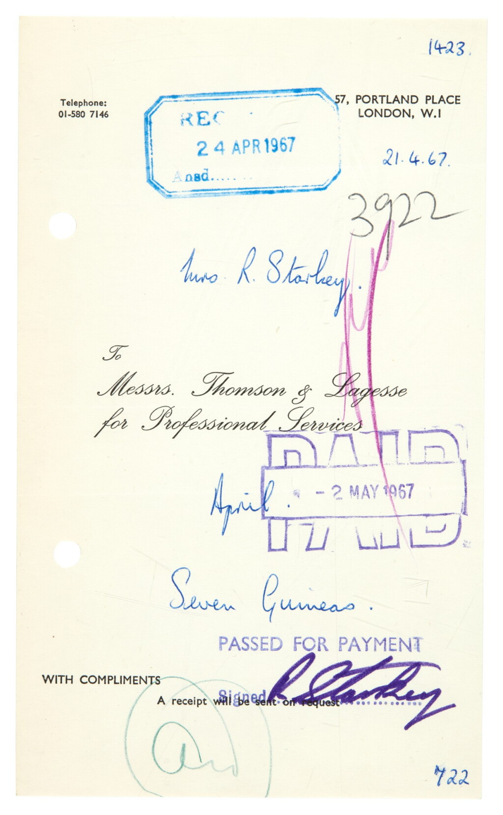 View full screen - View 1 of Lot 57. Ringo Starr | Invoice, from ‘Messrs. Thomson & Lagesse’ of 57 Portland Place, London, May 1967.