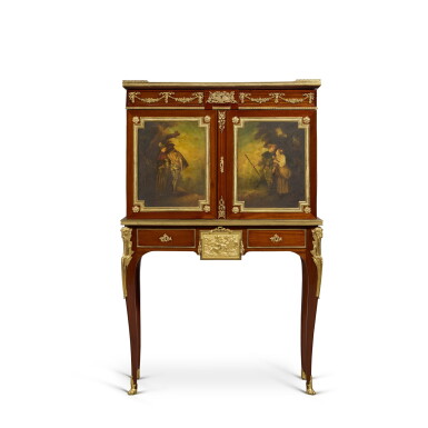 View full screen - View 1 of Lot 205. A Louis XV/XVI Transitional Style Gilt-Bronze Mounted Bois Satiné and Vernis Martin Cabinet on Stand by Paul Sormani, Circa 1870.