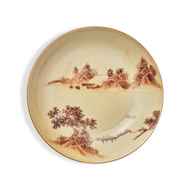 View full screen - View 1 of Lot 1113. A café-au-lait-ground and sepia-decorated 'landscape' dish, Seal mark and period of Qianlong | 清乾隆 米黃地褐彩山水圖盤 《大清乾隆年製》款.