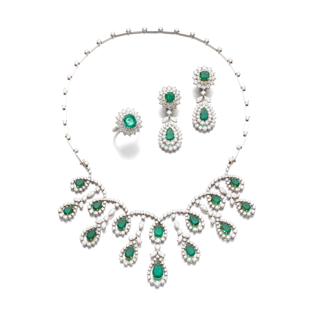 View full screen - View 1 of Lot 916. Emerald and diamond parure, 1960s.