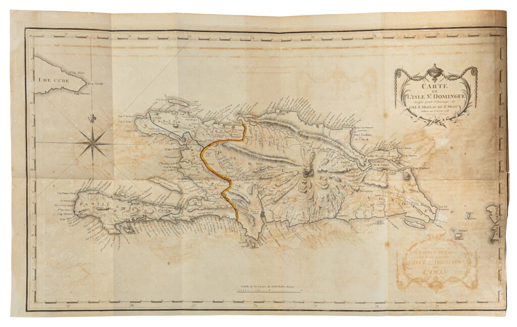 View full screen - View 1 of Lot 228. Description topographique, physique, civile, politique et historique de la partie française de l’isle Saint-Domingue. Philadelphie, Paris et Hambourg 1797-1798. 2 volumes in-4. Reliure moderne. Édition originale de cette précieuse description de l'île de Saint-Domingue. .