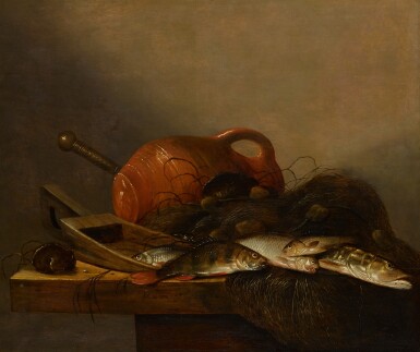 View full screen - View 1 of Lot 40. JOHANNES KUVEENIS (I) | Still life with various fish, a shell, an earthenware jug, and other objects, all on a wooden table.