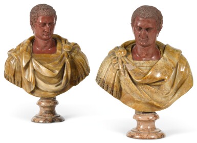 View full screen - View 1 of Lot 58. ITALIAN, ROME, 18TH CENTURY AFTER THE ANTIQUE | Pair of Busts of Roman Emperors.