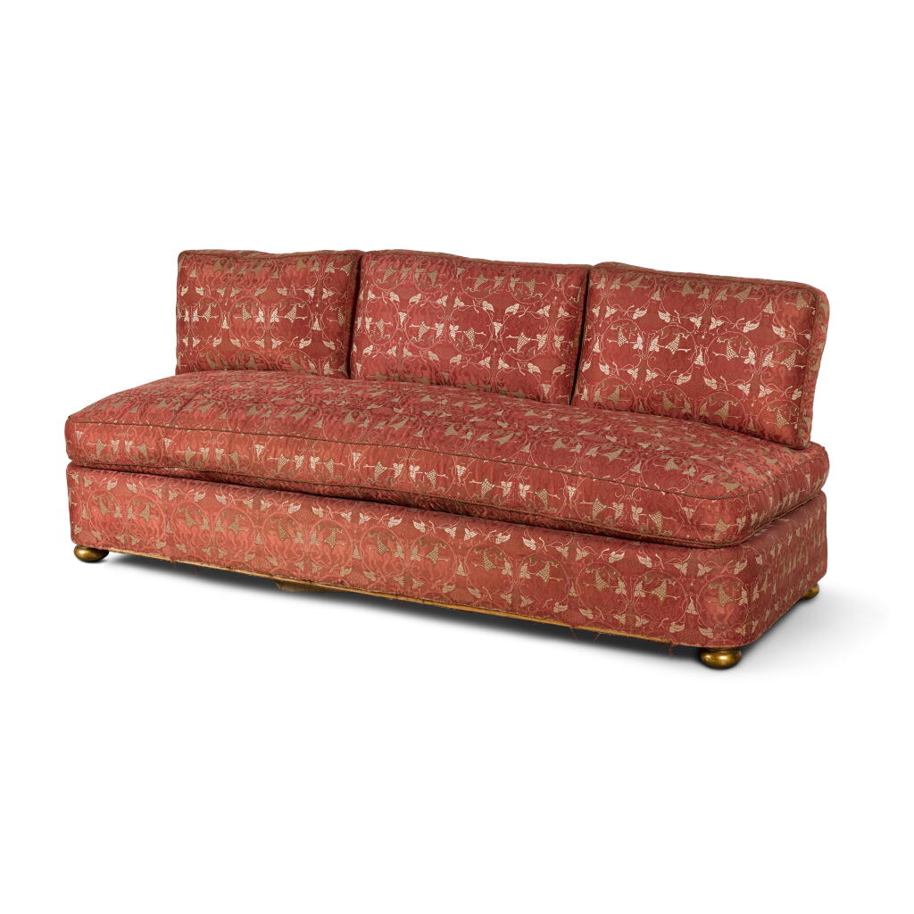 View full screen - View 1 of Lot 27. An Italian red- and gold-upholstered banquette, modern, possibly Fortuny.
