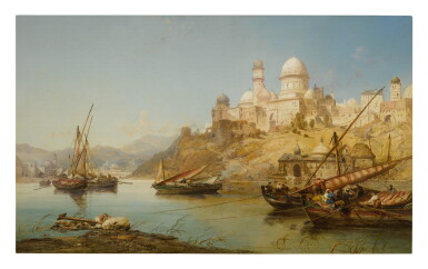 View full screen - View 1 of Lot 37. JAMES WEBB | RIGGING BOATS IN AN EASTERN HARBOR.