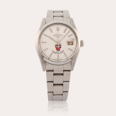 View full screen - View 1 of Lot 275. Oyster Date, Reference 15000 | A stainless steel wristwatch with date and bracelet Made for Prince Khalifa Bin Salman Al Khalifa, Prime Minister Of Bahrain | Circa 1982.