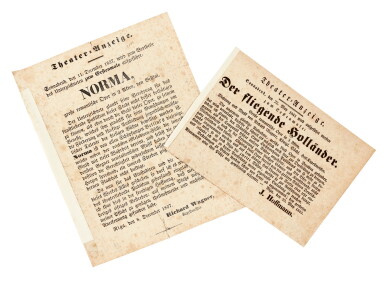 View full screen - View 1 of Lot 84. R. Wagner. Two theatre notices about Wagner's performances of "Norma" and "Der fliegende Holländer" in Riga, 1837-1843.
