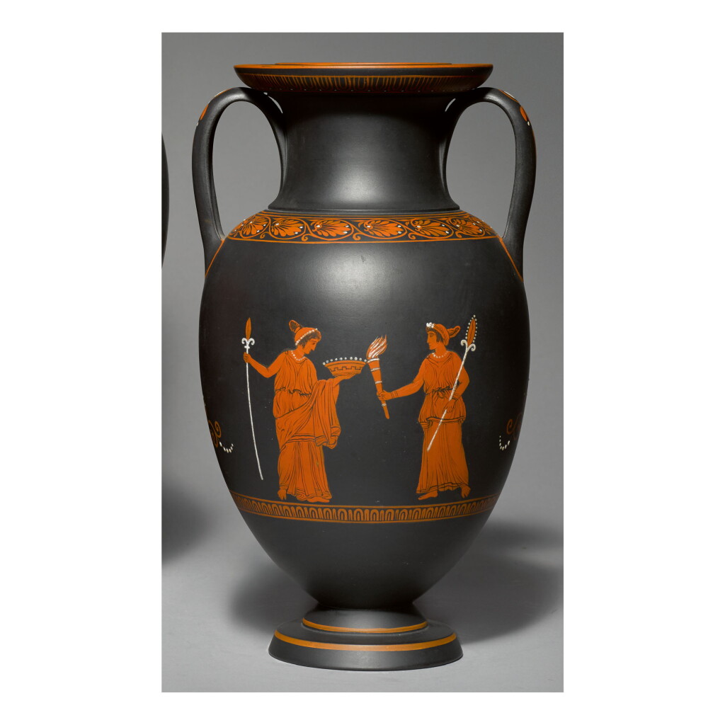 View full screen - View 1 of Lot 133. A WEDGWOOD BLACK BASALT 'ENCAUSTIC'-DECORATED TWO-HANDLED AMPHORA LATE 18TH CENTURY .