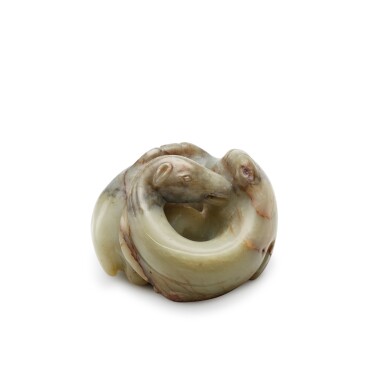 View full screen - View 1 of Lot 1297. A large celadon jade figure of a coiled recumbent camel | 青玉雕駱駝擺件.