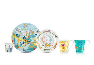 View full screen - View 1 of Lot 5709. Set of 5 Multicolor Porcelain Epopee set, Circus N°2, Western and Company Mugs.