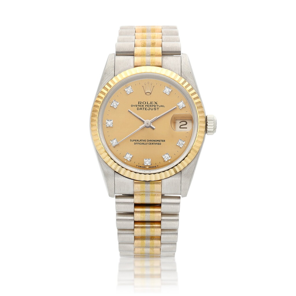 View full screen - View 1 of Lot 8124. Tridor DateJust, Reference 68279B | A three colour gold and diamond-set wristwatch with date and bracelet, Circa 1995 | 勞力士 | Tridor DateJust 型號68279B | 三色金鑲鑽石鏈帶腕錶,備日期顯示,約1995年製.
