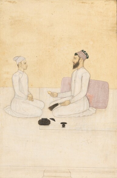 View full screen - View 1 of Lot 12. Prince Bahadur and the young prince Akbar, (A Mughal ruler, probably Bahadur Shah I seated with a young prince), Mughal, North India, late 17th century.