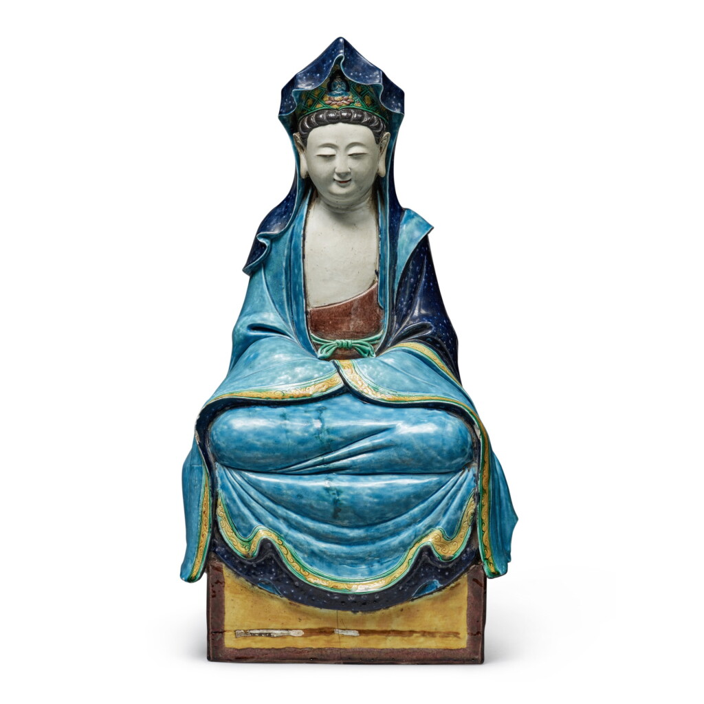 View full screen - View 1 of Lot 632. A Fahua-glazed seated figure of Guanyin, Qing dynasty | 清 琺華觀音坐像.