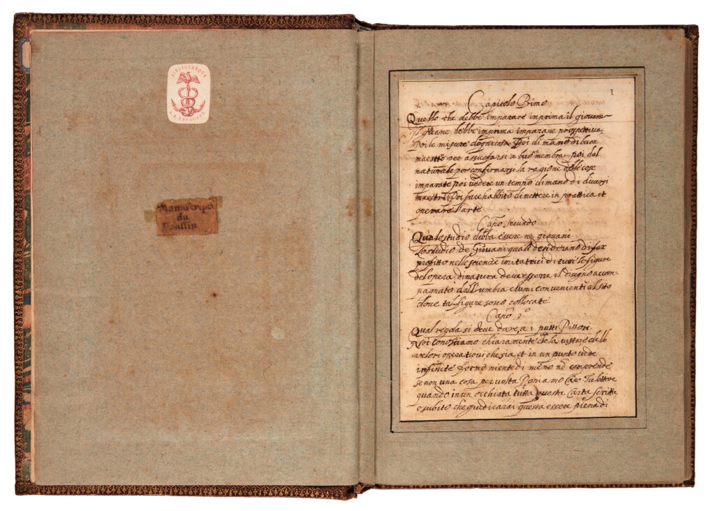 View full screen - View 1 of Lot 549. Leonardo da Vinci, Trattato della pittura, manuscript, ca 1639, remboitage of red morocco with arms of Matthieu Molé.