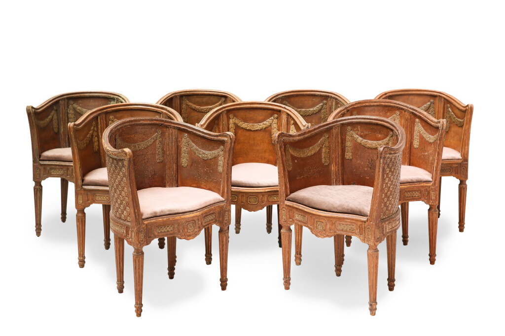 View full screen - View 1 of Lot 108. A SET OF EIGHT PARCEL-PAINTED WOOD ARMCHAIRS, LOUIS XVI STYLE, CREATED UNDER THE DIRECTION OF ELSIE DE WOLFE (1865-1950), CIRCA 1940, FOR MONTROSE NAST | SUITE DE HUIT FAUTEUILS EN BOIS MOULURÉ ET RECHAMPI DE STYLE LOUIS XVI EXÉCUTÉS SOUS LA DIRECTION D'ELSIE DE WOLFE, VERS 1940, POUR MONTROSE NAST.