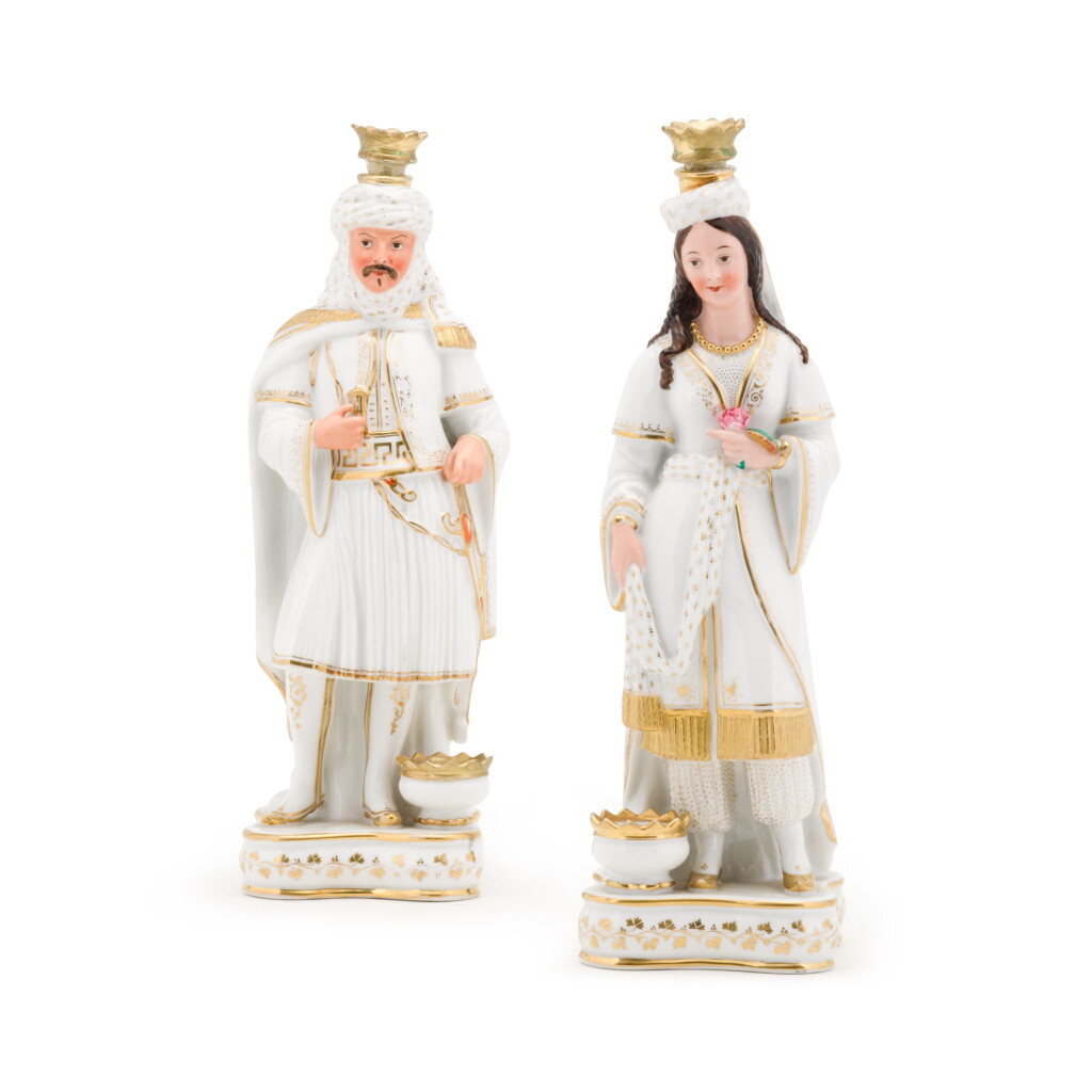View full screen - View 1 of Lot 299. A pair of Paris (Jacob Petit) porcelain figural scent bottles and stoppers, circa 1840.