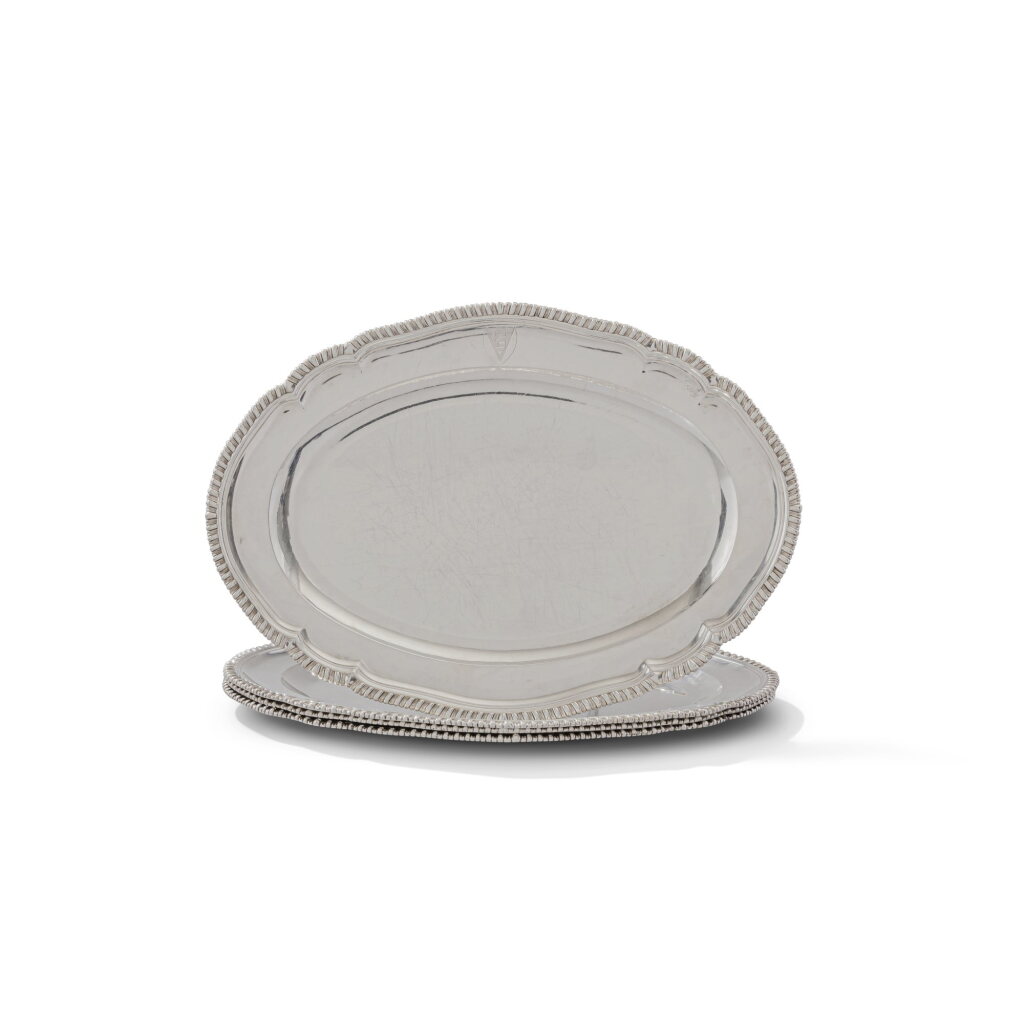 View full screen - View 1 of Lot 617. A group of ten George II/III silver meat dishes, the two largest Alexander Johnston, London, 1758/59; the other eight Sebastian & James Crespel, London, 1772/1774.