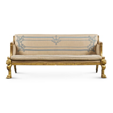 View full screen - View 1 of Lot 25. A Regency Upholstered Carved Giltwood Sofa, Circa 1810 .