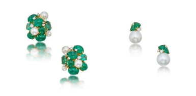 View full screen - View 1 of Lot 253. Two Pairs of Cultured Pearl, Emerald and Diamond Earclips.