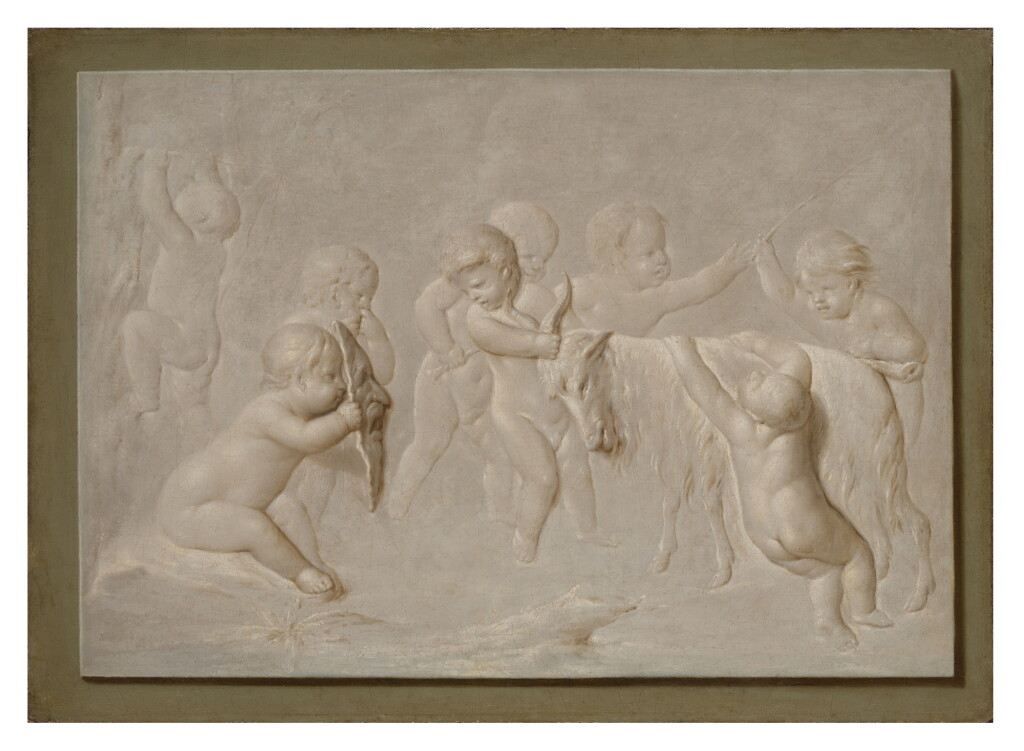 View full screen - View 1 of Lot 474. Trompe l’oeil of a marble bas-relief depicting a bacchanal of putti with a goat.