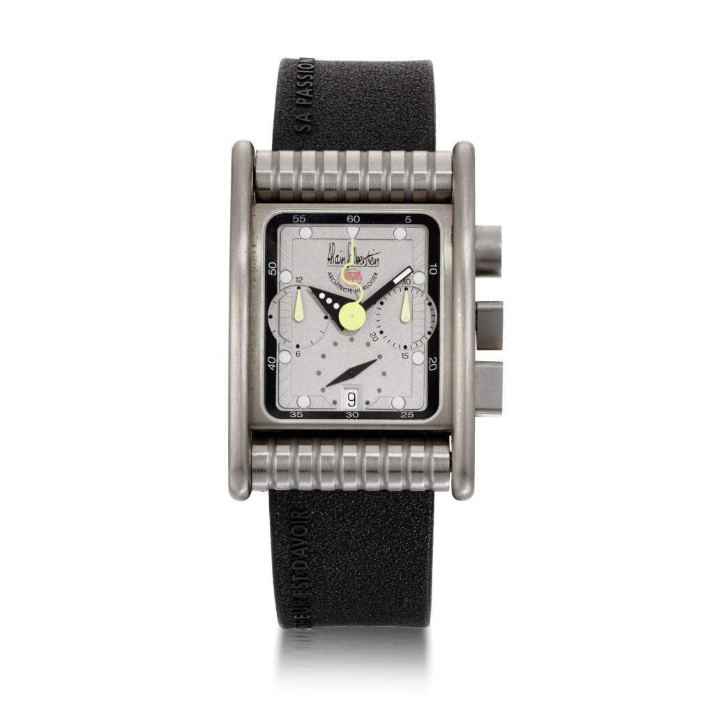 View full screen - View 1 of Lot 458. BOLIDO CHRONO LIMITED EDITION STAINLESS STEEL RECTANGULAR ANNUAL CALENDAR CHRONOGRAPH WRISTWATCH WITH MOON PHASES, CIRCA 2001.