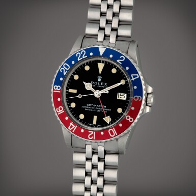View full screen - View 1 of Lot 283. GMT-Master 'Pepsi', Reference 1675 | A stainless steel dual time zone wristwatch with date and bracelet | Circa 1978.