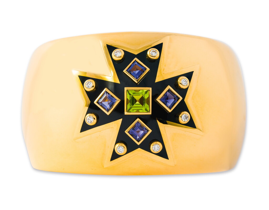 View full screen - View 1 of Lot 24. VERDURA | GOLD, ENAMEL, DIAMOND AND GEM-SET 'MALTESE CROSS' CUFF-BRACELET.