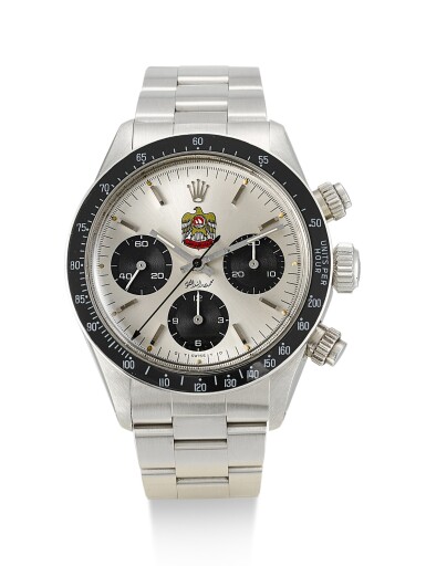 View full screen - View 1 of Lot 5. ROLEX | DAYTONA, REFERENCE 6263, A STAINLESS STEEL CHRONOGRAPH WRISTWATCH WITH UAE QURAYSH HAWK DIAL, MADE FOR MOHAMMED BIN RASHID AL MAKTOUM, CIRCA 1975.