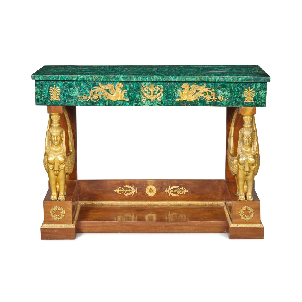 View full screen - View 1 of Lot 78. A Russian Neoclassical Style Gilt Bronze Mounted Malachite and Mahogany Console Table, Last Quarter 20th Century .