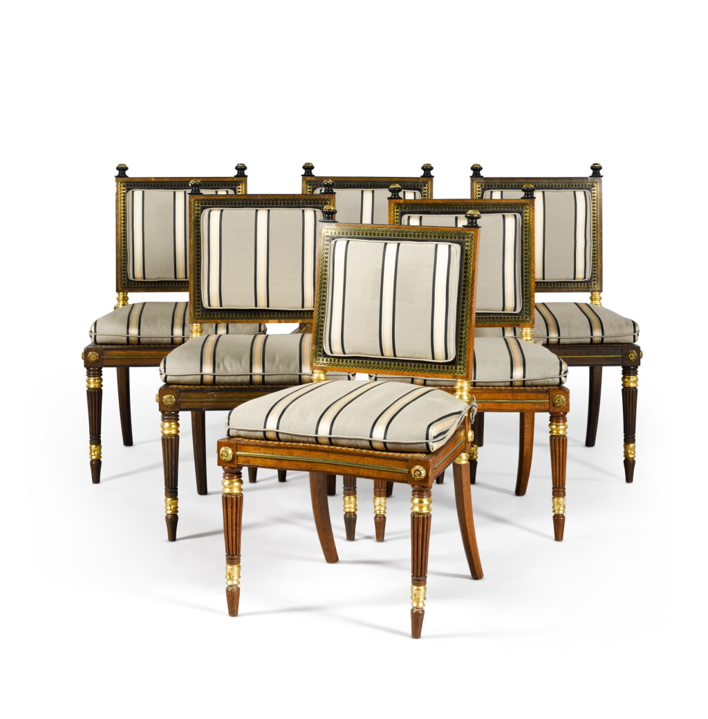 View full screen - View 1 of Lot 65. A set of six Regency style brass-mounted and inlaid ebony and oak side chairs, Modern, in the manner of George Bullock.