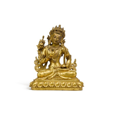 View full screen - View 1 of Lot 254. A gilt-bronze figure of Manjusri, Tibet, 17th century | 十七世紀 藏傳鎏金銅文殊菩薩坐像.